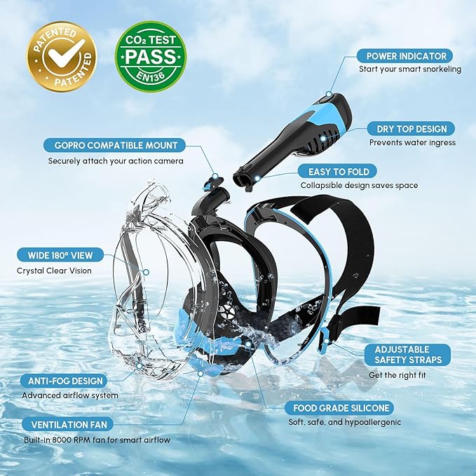 Yosmer Electric Full Face Snorkel Mask for Adults, Fan-Assisted Snorkeling Mask with Dry Top System, 180° Panoramic View, Anti-Fog Design, Foldable Travel Snorkel Gear