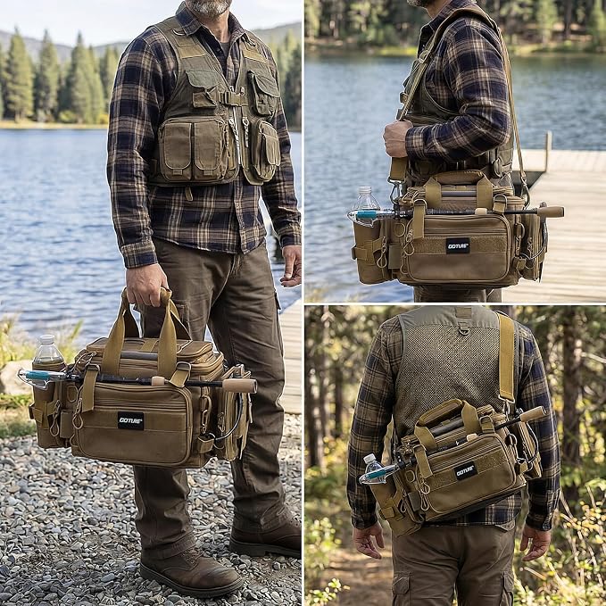 Goture Fishing Tackle Bag, 600D Water-Resistant Soft Side Crossbody Sling Bag with Rod Holder,Small Gear Storage Tactical Bags for Saltwater & Freshwater,Fits 4 3600 Tackle Boxes (Not Included)