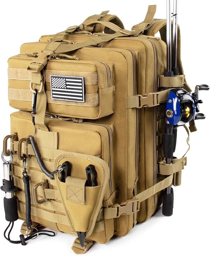 TBNBO 45l Large Fishing Tackle Backpack with Removable Plier Holder & Rod Holders, Khaki Tactical Bag, Fishing Gear and Tackle Box Organizer, Hiking Rucksack without Tackle Box