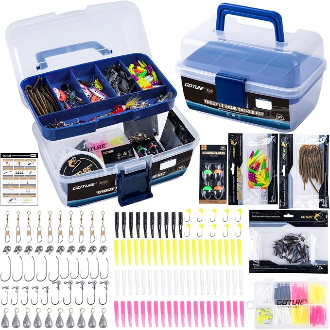Goture 2-Layer Fishing Tackle Box with Trout Fishing Lures Kit Included, Portable Tackle Organizer with Hooks Sinkers Spinners & Soft Baits, Ideal Fishing Gifts for Men Anglers