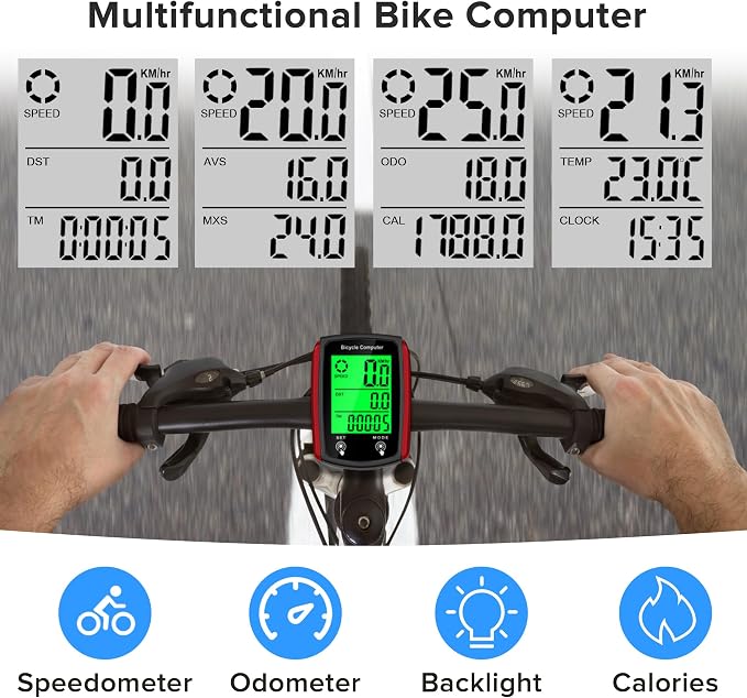 Bike Computer and Bicycle Odometer Wired MPH KM/H Bike Speedometer with Automatic Wake-Up Cycling Speed Tracker LCD Display & Single Mileage & Multi-Functions Accessories