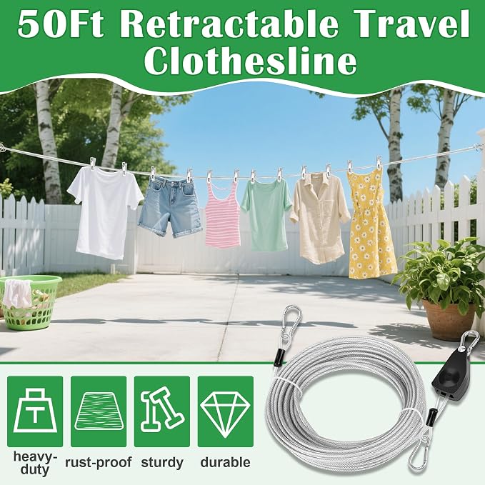 Windspeed Retractable Clothesline Outdoor Heavy Duty Travel Clothesline Retractable Clothes Line for Outside Travel Camping Cloth Line, Galvanized Steel Material, and 10 Clips, Storage Bag (50Ft)