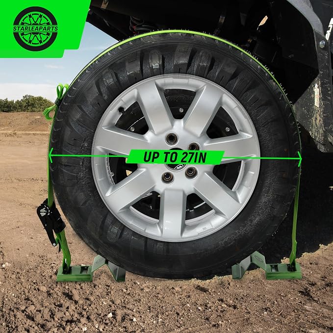 Heavy Duty Wheel Chock Tie Down Straps Set (2PK) - 4,400lb Guaranteed Max Break Strength, (2) 2" x 6' Trailer Tire Straps with (4) Wheel Chocks for ATV, UTV or Tractors