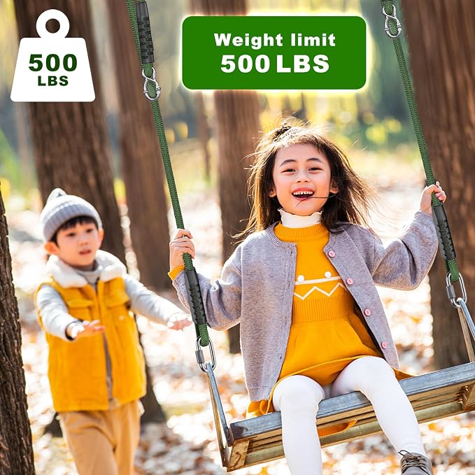 SELEWARE 8ft Adjustable Tree Swing Rope Hammock Straps Hanging Kit - Fast & Easy Install for Hammock Chair, Tire Swing - Indoor/Outdoor Playground Accessories - Green, 2 Pack