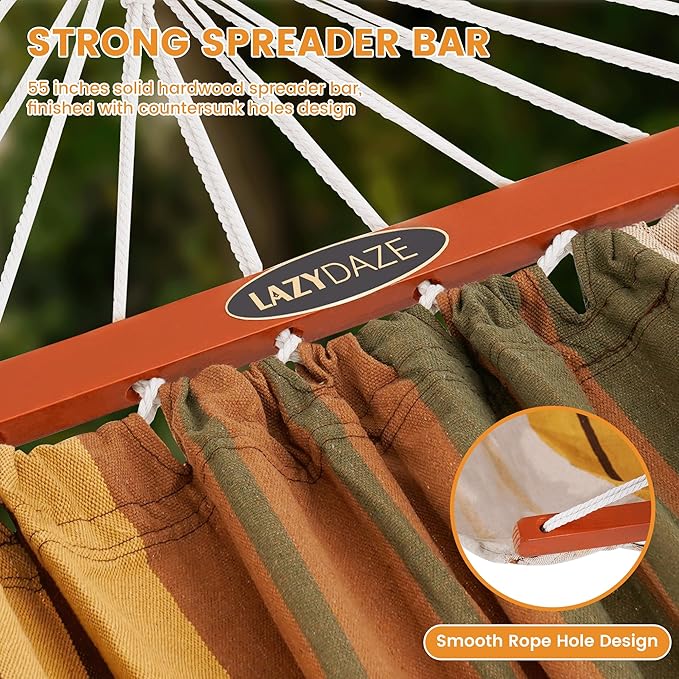 Lazy Daze Hammocks Cotton Fabric Double Hammock with 55" Spreader Bar, Portable Camping Hammock with Carrying Bag & Tree Straps for Patio, Backyard, Balcony, 450lbs Capacity, Brown & Khaki