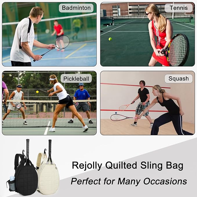 Rejolly Tennis Racket Sling Bag for Women Men Quilted Water Resistant Racquet Cover One Shoulder Crossbody Bag for 2 Tennis Rackets, Pickleball Paddles, Badminton Racquet