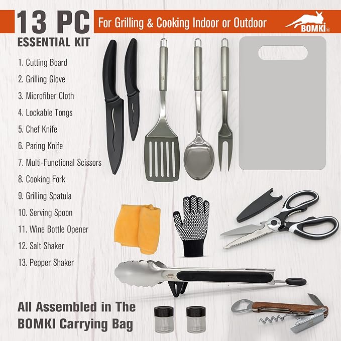 BOMKI Grilling and Camping Cooking Utensils Set for The Outdoors BBQ - Camping Utensil Set Camping Kitchen Set Cookware Accessories with Case Camping Essentials Camping Stuff Camp Cooking Set