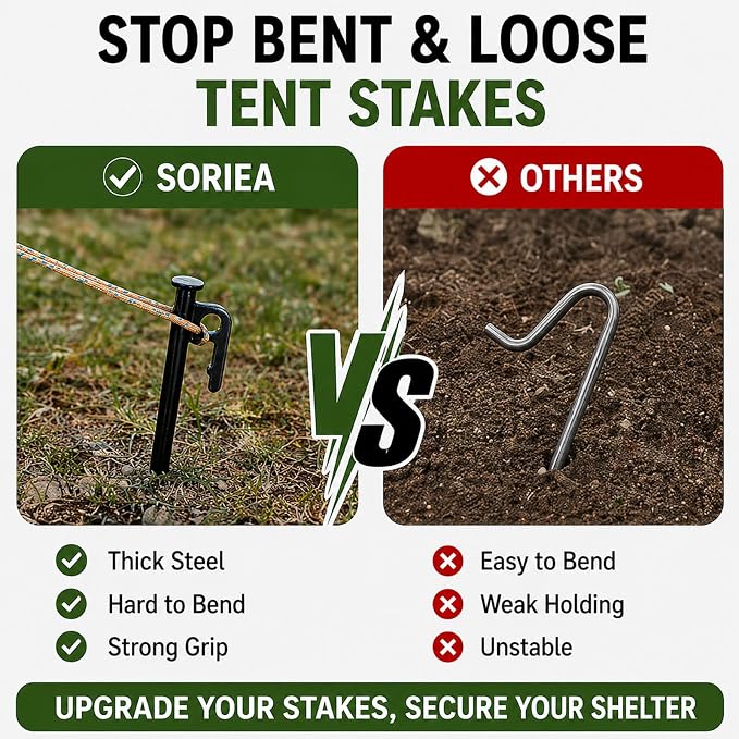 SORIEA 8 Inch Tent Stakes Heavy Duty, (4 Pack) Steel Camping Stakes for Beach Tent, Outdoor Tent Pegs for Grass & Soft Ground Black