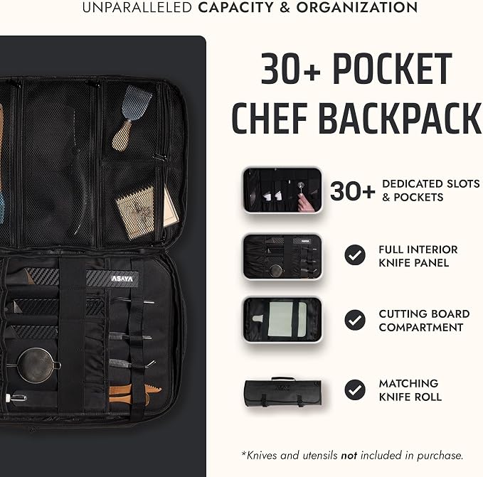 Asaya Chef Knife Backpack with 20-Pocket Knife Roll Bag - Over 30 Storage Pockets Chef Bag, Professional Backpack for Chefs and Culinary Students – Knives Not Included (Black)