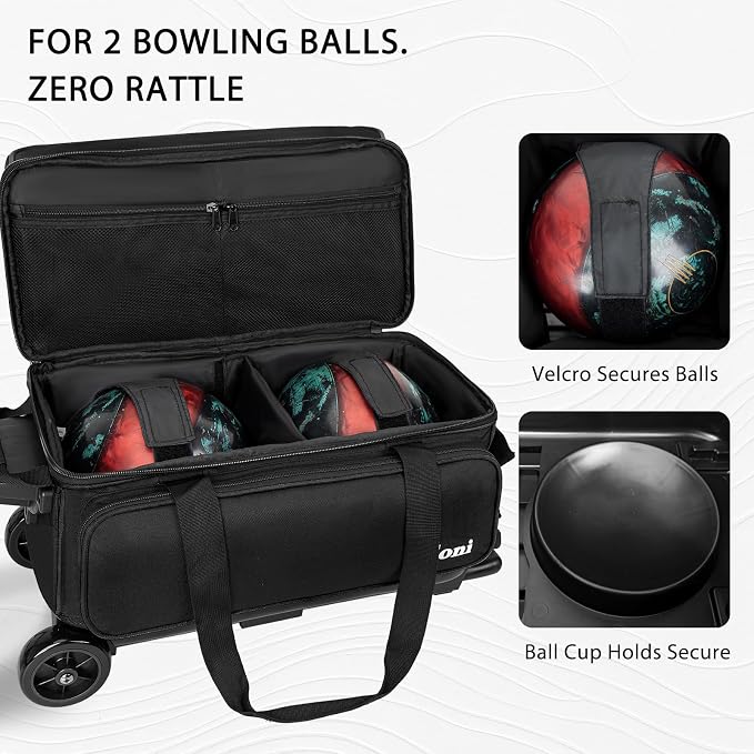 Goloni Double Roller 2 Ball Bowling Bag with Separate Shoe Compartment,2 Ball Bowling Bag with Wheels,Retractable Handle Extends to 40"