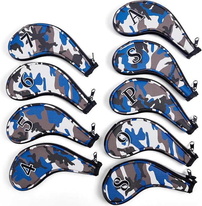 Golf Club Camo Zipper Iron Head Covers 9Pcs/Set With No. on Both Sides PU Leather Headcovers (Blue/Brown)