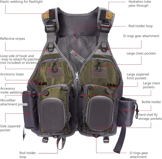 BASSDASH Strap Fishing Vest Adjustable for Men and Women, for Fly Bass Fishing and Outdoor Activities