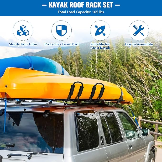 GYMAX 2Pairs Universal Kayak Roof Rack, J-Bar Roof Top Carrier with Straps, Foam Pad & Buckles, Mount Crossbar on SUV Van Car for SUP, Boat, Kayak, Canoes, Ski Board