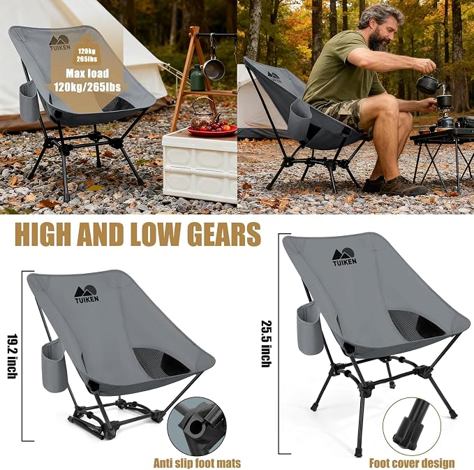 Ultralight Camping Chair Backpacking Chair, Portable Camp Chair with Cup Holder & Storage Bag, Lightweight Compact Folding Chair for Hiking, Travel, Picnic Mountaineering-Grey