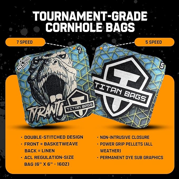 Titan Bags Tyrant Cornhole Bags – Regulation Cornhole Bean Bag with Linen Grip for Strategic Drag Shots, All-Weather Power Grip Pellets for Indoor and Outdoor Tossing