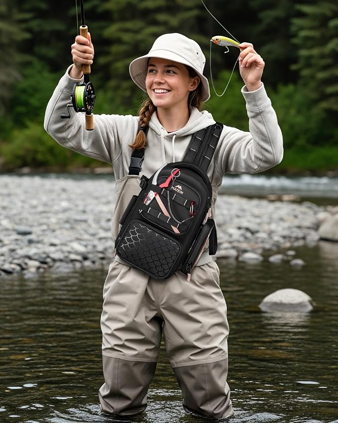 MATEIN Womens Fishing Sling Bag with Lure Rod Holder & Phone Pouch, Fishing Backpack Tackle Box