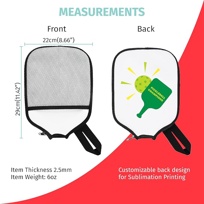 Custom Pickleball Neoprene Paddle Cover w/Inner Net Pockets, Neoprene Case for Rackets, Court Accessories and Game Equipment for Player, Racquetball Case