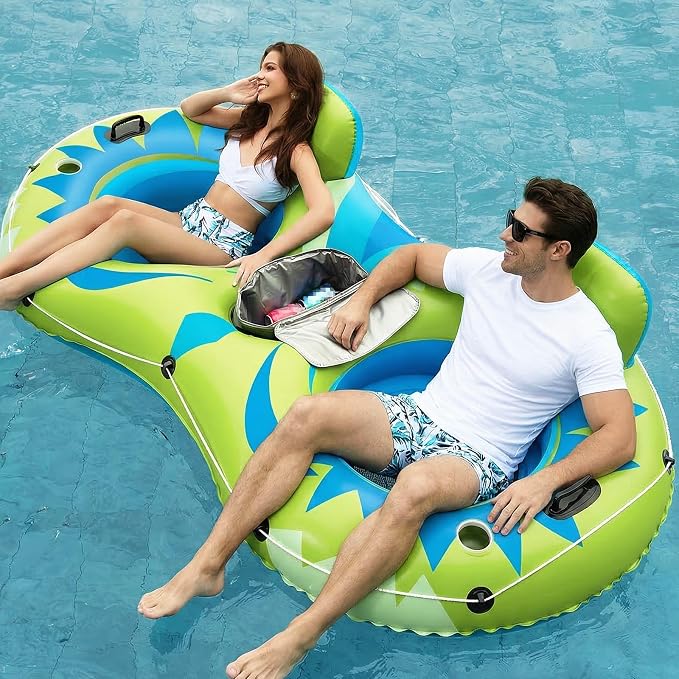 Jasonwell Inflatable River Tube Float - 2 Person Heavy Duty River Float Pool Floats with Removable Cooler Lake Water Tubes for Floating River Raft Lounge Floatie with 2 Cup Holders for Adults (YG)