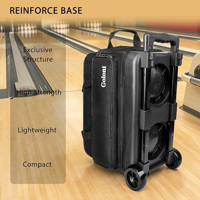 Goloni Double Roller 2 Ball Bowling Bag with Separate Shoe Compartment,2 Ball Bowling Bag with Wheels,Retractable Handle Extends to 40"