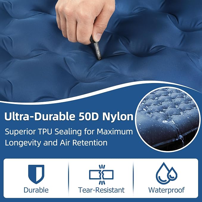 Camping Sleeping Pad, 4.7" Extra-Thick Camping Mattress with Pillow, Built-in Foot Pump Ultralight Inflatable Sleeping Pads for Camping Hiking Backpacking Traveling Tent, Navy Blue, Single