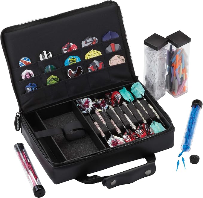 Casemaster The Pro Leatherette Dart Case with Leather-Like Exterior Covering, Holds 9 Steel Tip or Soft Tip Darts with 15 Built-in Pockets for Accessories and Plastic Tubes and Containers for Even More