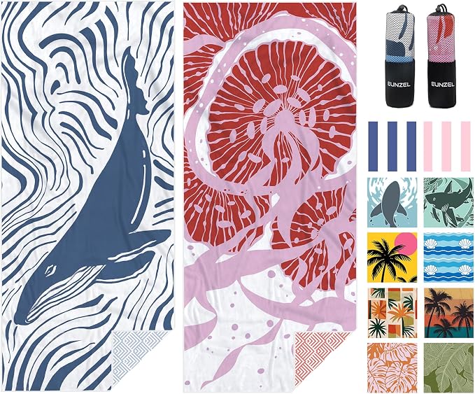 Eunzel 2 Pack Microfiber Beach Towel, Quick Dry Travel Towel Large Sand Free Towel for Beach, Camping, Swim Pool, Gym, Sports& Yoga 71"x32", Whale& Jellyfish