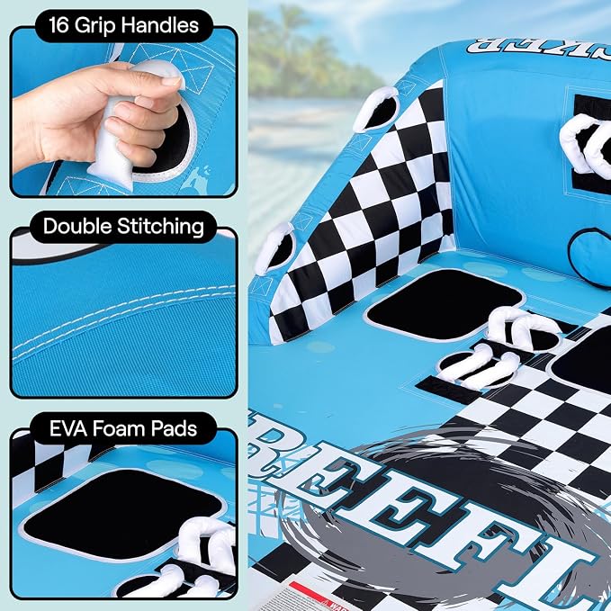 Serenelife Inflatable Towable Tube for Boating – 2-4 Person, 4500 lbs Pulling Capacity, Deck Seats & Backrest, Premium Nylon Cover, Grab Handles, Front/Back Tow Points, Speed Safety Valve