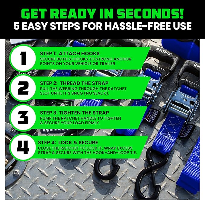 Rhino USA Ratchet Straps Heavy Duty Kit (4-Pack) - 1.6 Inch x 8 Feet Min Break Strength (5,000) - Ultimate Tie Down Straps with Safety S Hooks for Trucks, ATV, UTV, Motorcycle, Cargo & More - Blue