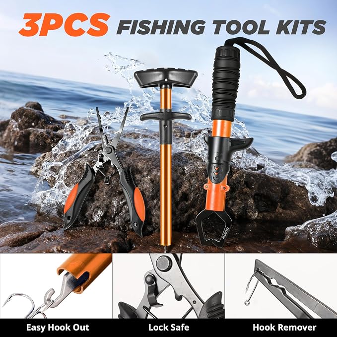 PLUSINNO Fishing Backpack with Fishing Rod and Reel Combos Tackle Boxes, Waterproof Tackle Backpack for Gear with Rod Holder, Fish Gifts for Men with Tool Kit