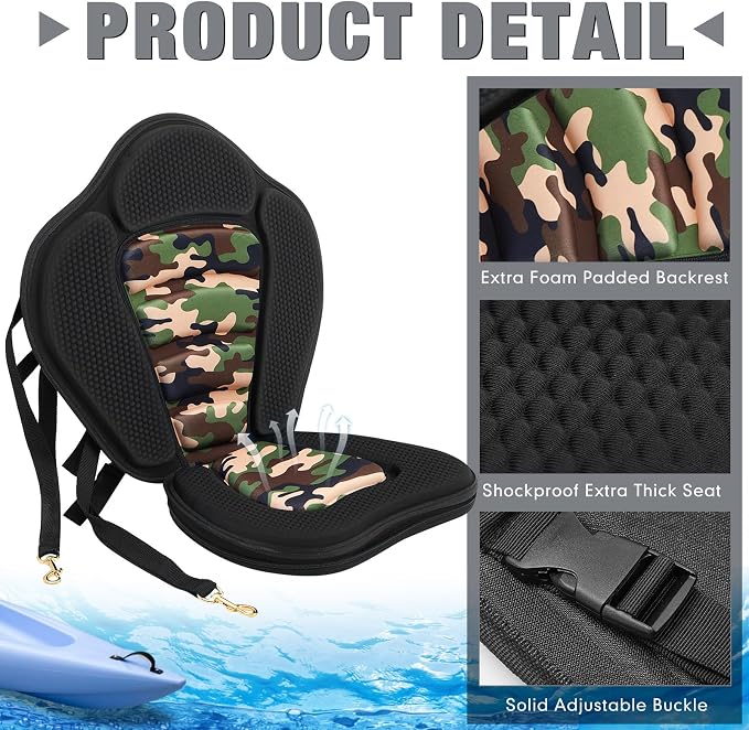 Lewtemi Thicken Kayak Seat with Back Support Canoe Paddle Board Seat with Detachable Storage Bag Adjustable Sit on Top Paddleboard Cushion for Kayaking Canoeing Rafting