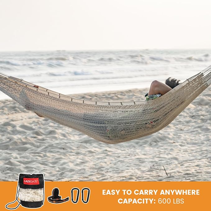 Lazy Daze Hammocks Handwoven XL Mayan Hammock, 10.5 FT Soft Rope Double Hammocks, Portable Outdoor Hammock with Carry Bag, 2 Straps & Carabiners for Patio Outside, 550 lbs Weight Capacity, Natural