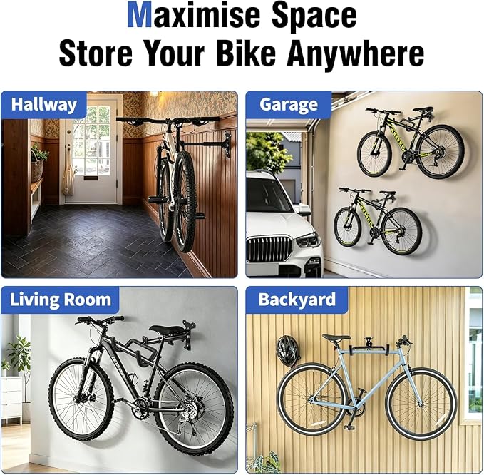 2 Pack Bike Wall Mount, Horizontal Bike Rack garage, Cycling Wall Mounted Holder Hook - Heavy-Duty Adjustable Bike Wall Hanger for Road, Mountain and Hybrid Bikes in Garage Apartment & Home