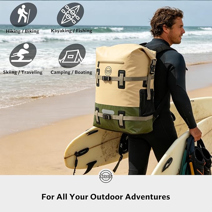 STOVER 55L Waterproof Dry Backpack & Phone Case - 2XL Floating Dry Bag for Kayaking, Travel, Hiking, Fishing, Camping, Motorcycles & Beach, Heavy-Duty Roll Top Men/Women (Tan/Army Green/Brown)