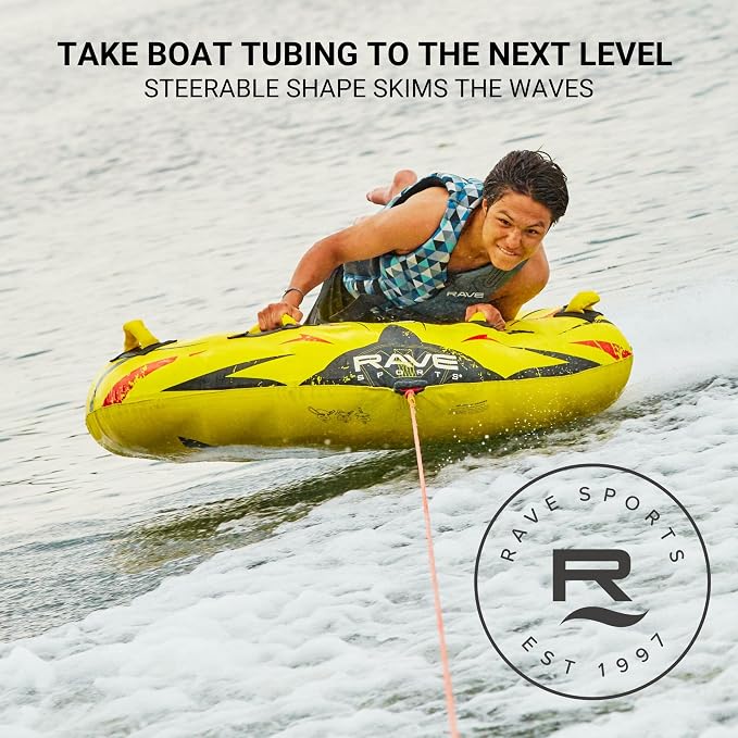 RAVE Sports Razor Inflatable Towable Tube, 1-2 Riders, Unique Skim-Fast Bottom Coating, Nylon Cover, Four Foam-Filled Reinforced Handles, Quick Connect Tow Point, Boat Tubes and Towables