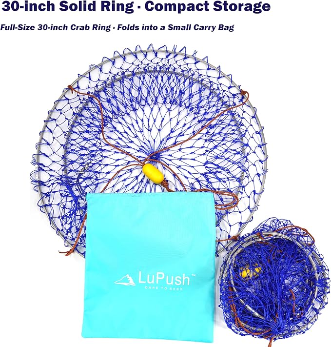 Stainless Collapsible Crab Net with 100ft Rope, Bait Bag, Clip & Ruler – 6 Pieces Portable Crab Trap for Easy Storage – Durable Grid Design for Dock & Pier Crabbing