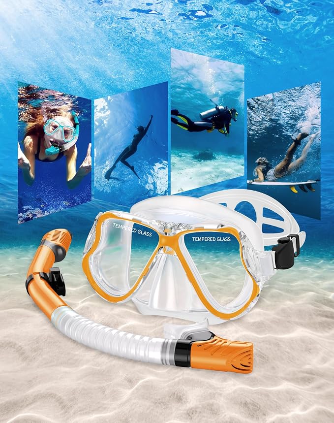 Greatever Dry Snorkel Set,Panoramic Wide View Anti-Fog Scuba Diving Mask,Professional Snorkeling Gear for Adults Kids