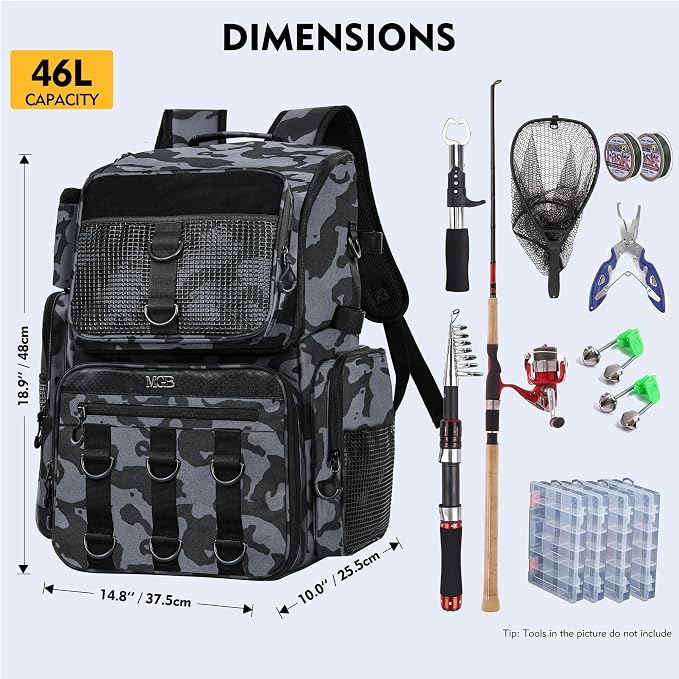 MGB 46L Fishing Tackle Backpack with 2 Rod Holders & YKK Zipper Storage Fishing Gear and Equipment, Gifts for Men Father