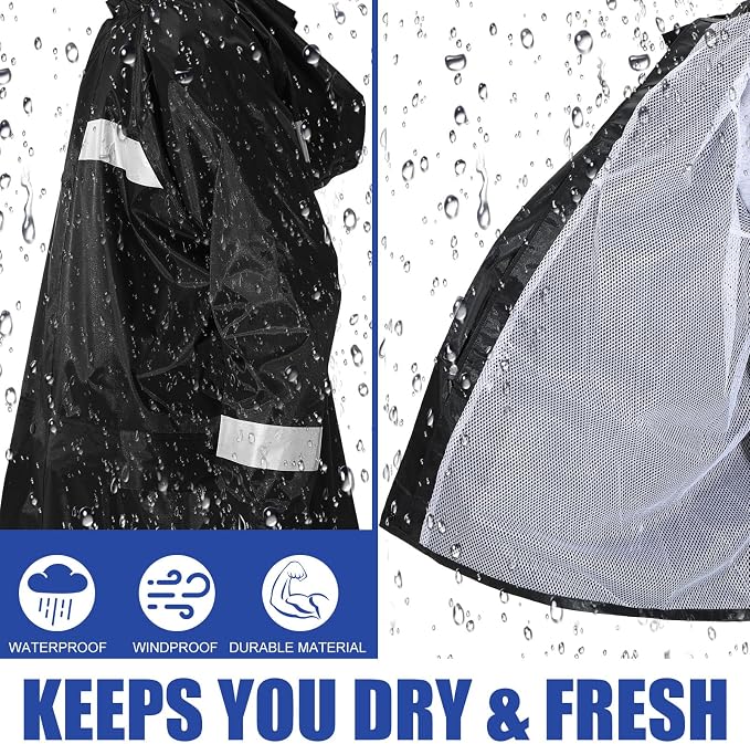 Halfchet 2 Pcs Reflective Rain Jacket for Men Waterproof High Visibility Rain Coat Black Safety Jacket with Reflective Strip