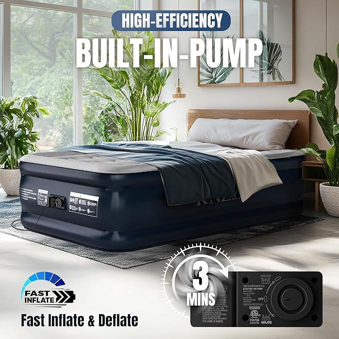 KNZZO Twin Air Mattress with Built-in Pump, 18" Top Inflatable Mattress with Waterproof Flocking Fabric, Three-Minute Quick-Inflatable Bed. Portable Blow Up Mattress for Home, Outdoor and Guests