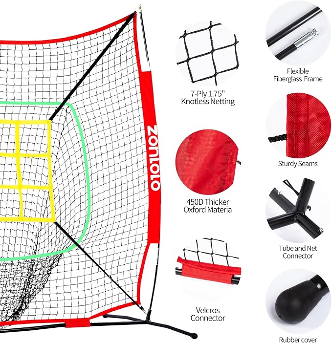 ZONLOLO 6x6ft Portable Baseball & Softball Net for Hitting，Pitching and Throwing, with Sturdy Bow Frame,Battting Tee,Ball Caddy and 2 Strike Zones, Perfect Pitching net for Kids!