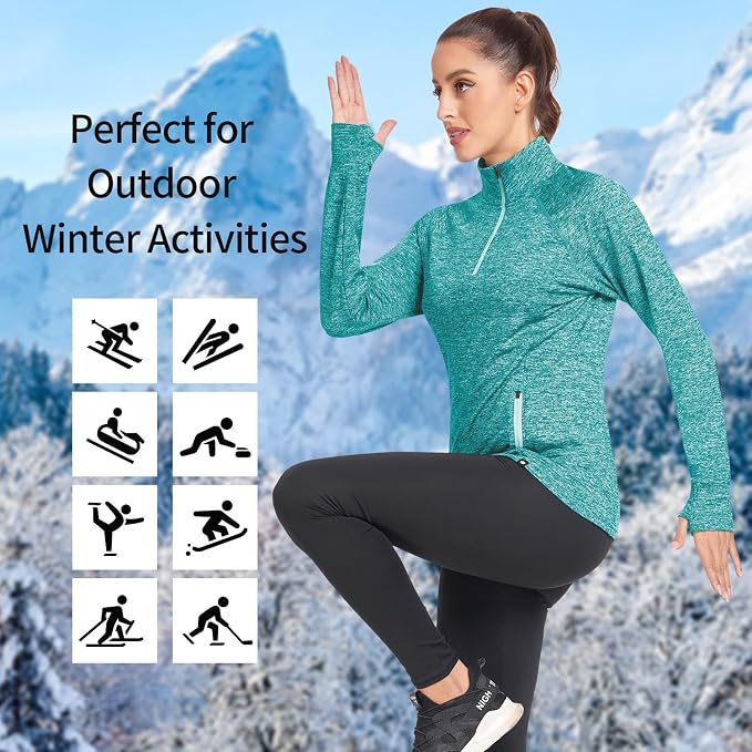 Soneven Women's Thermal Fleece Running Shirts Warm Winter Pullover Cold Weather Workout Hiking Tops with Thumb Holes Pockets