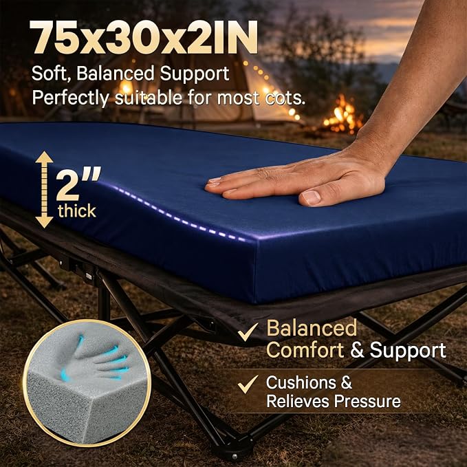 CYMULA Camping Cot Pad 2 Inch Memory Foam, Camping Pad for Folding Cot and Foldable Cot, Portable Roll Up Camp Gear for Car Camping Travel Tent, Non-Slip Waterproof Bottom, Removable Cover, Pad Only