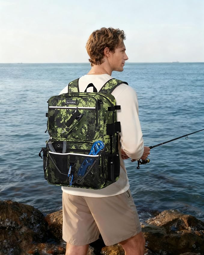 Fishing Backpack with Removable Bait Binder, Large Water Resistant Tackle Bag Storage Gear and Equipment for Fishing, Camping, Hiking, Green
