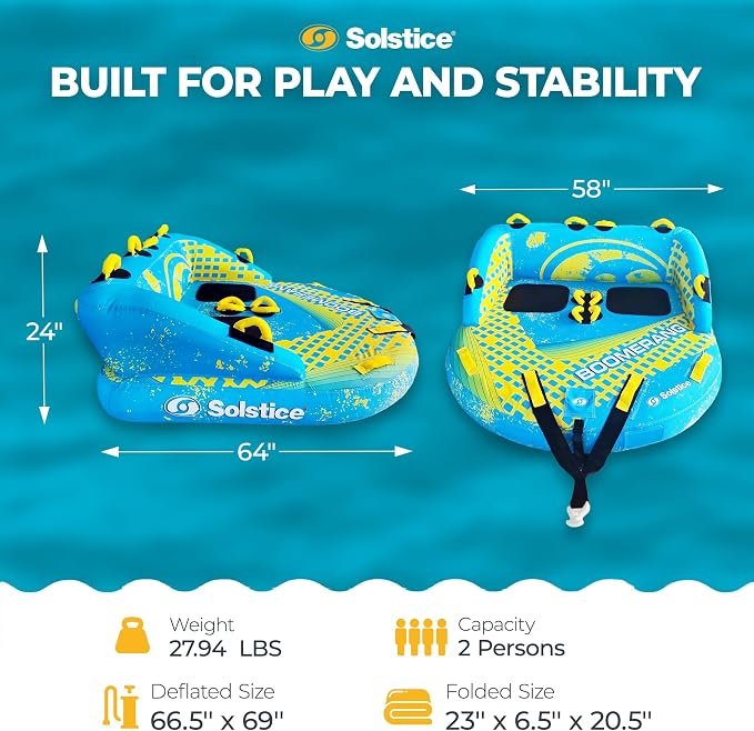 SOLSTICE 2-Person Inflatable Boomerang Towable with Front & Rear Tow Points - Versatile High-Speed Tube for Lake, River, Beach & Swimming Pool, 14 Handles & Built-In Backrests