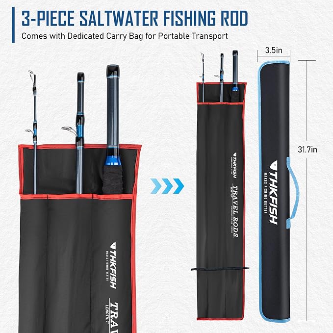 THKFISH 4 Piece/5 Piece Saltwater Travel Rod, Heavy Spinning Fishing Rod Portable Travel Surf Rod Carbon Fiber Saltwater Boat Fishing Rod 6’9”/7’9”/8’9” with Case Bag for Seawater Fish