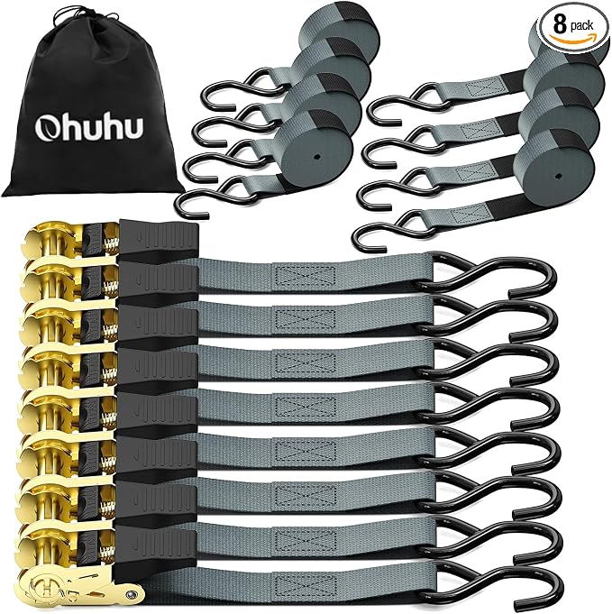 Ohuhu Ratchet Tie Down Strap 15 Ft - 500 lbs Load Cap with 1500 lbs Breaking Limit, Ratchet Tie Downs Logistic Cargo Straps for Moving Appliances, Motorcycle (Grey, 8-Pack)