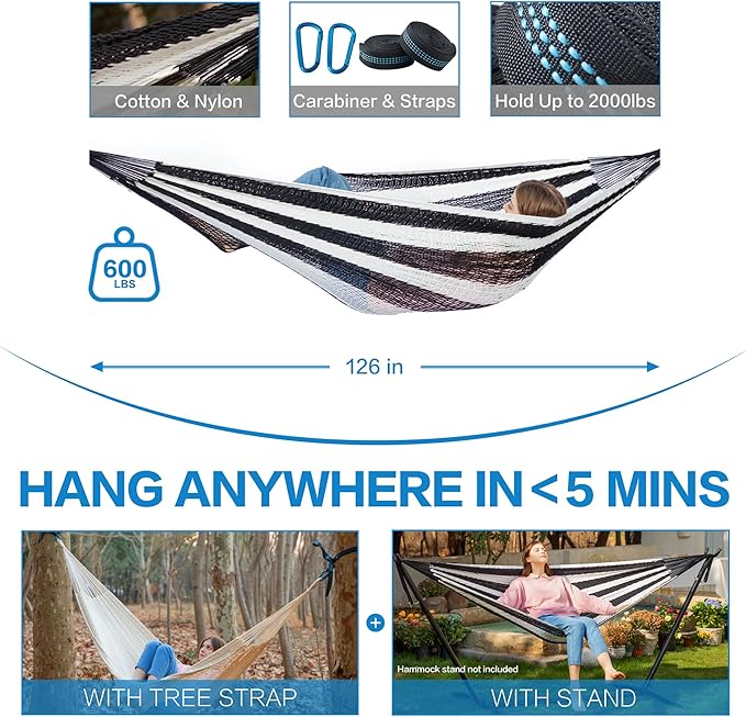PNAEUT Handwoven Mayan Hammock, Thick Soft Rope Double Hammock for Outdoor Outside & Indoor, 600 lbs Capacity Heavy-Duty, Includes Tree Straps, Carabiners & Carrying Bag (Black and White, X-Large)