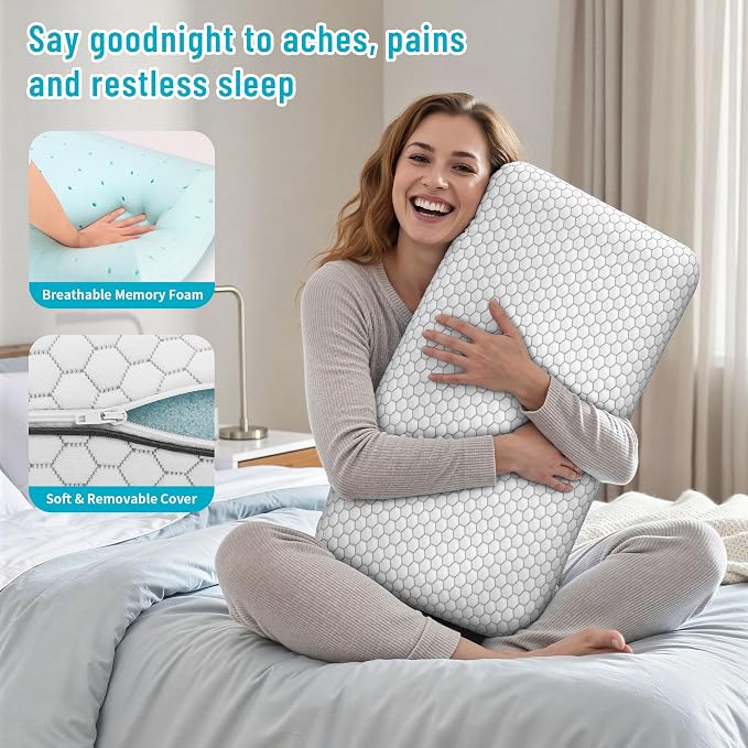 CushyOasis Memory Foam Pillows for Side, Back and Stomach Sleepers, Set of 2, Bed Pillow with Washable Cover and Breathable Mesh, Bed Pillow for Sleeping (Light Grey，Queen Size)