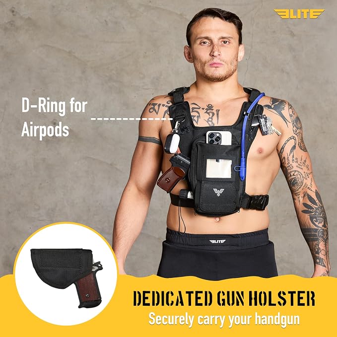 Elite Hydra Running Chest Pack w/ Gun Holster, Phone Holder Touch Friendly, Camera Pocket for Men/Women Lightweight Hydration Vest Chest Rig w/ Water Bladder for Marathon, Cycling, ADV Camping, Skiing