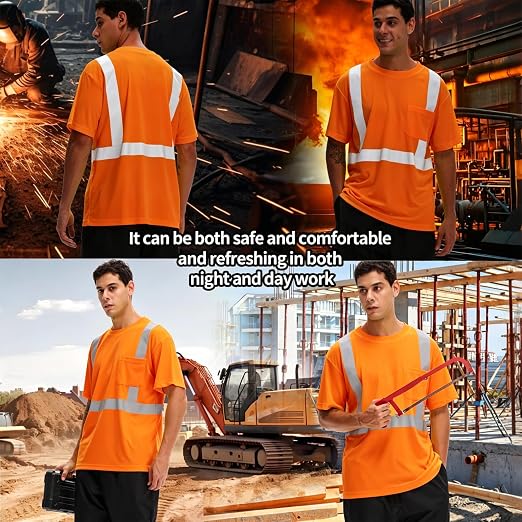 Hi Vis T Shirt Class 3 High Visibility Shirts for Men Safety Shirts with Reflective Strips and Pocket Breathable Construction Work Mesh Short Sleeve